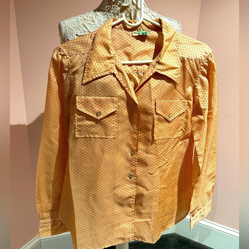 Womens Orange Button-Front Long-Sleeve Collar Shirt